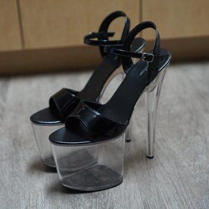 8 inch Clear Stripper Heels Sandals Black